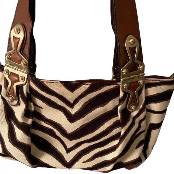 Vintage Michael Kors Zebra Print Bag Leather Canvas Brass/Gold Exterior Hardware - Picture 5 of 12